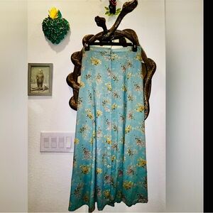 Vintage 90s Floral Button-Down Flowy A-Line Skirt in Seafoam Blue/Green.